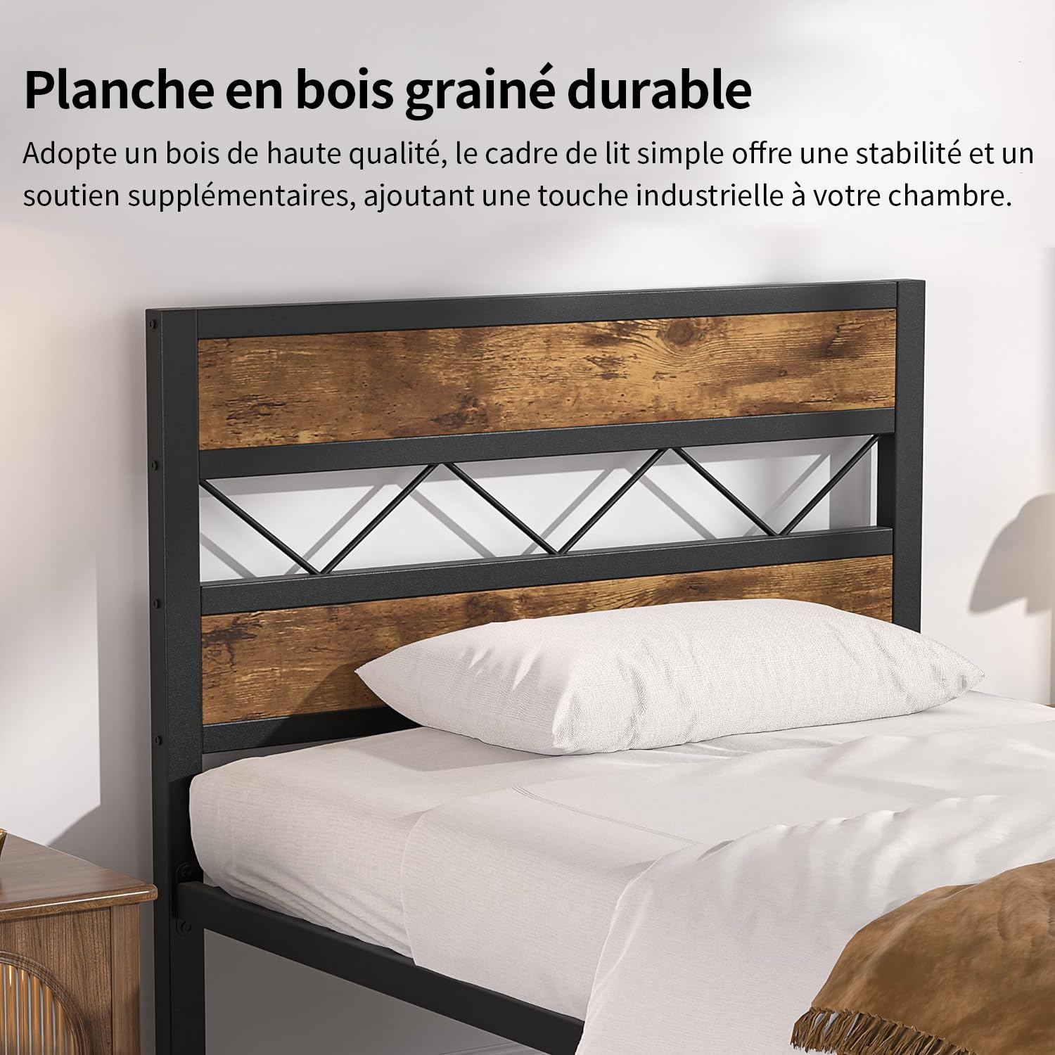 VECELO Cadre de Lit 90 x 190cm, avec Tête en Bois, Sommier Plateforme en Métal, avec Support à Lattes Solides et Espace de Rangement, Assemblage Facile, Marron Rustique