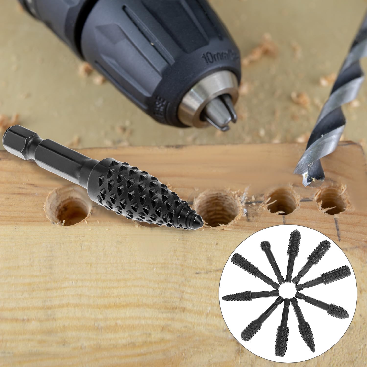 QWORK 10 Pieces Rotary Burr Wood Carving Rasp Files Set - 1/4" Hex Shank, Precision Milled, for Wood Plastic Engraving Deburring — Amazon image 8