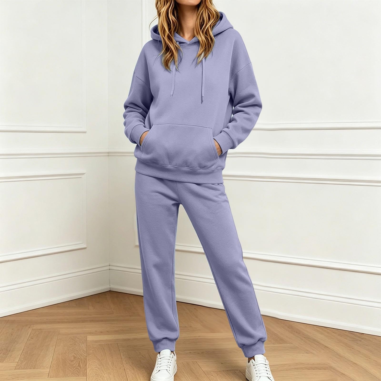 Tuta sportiva da donna, tinta unita, 2 pezzi, tuta da jogging, felpa con cappuccio e gamba dritta, tuta sportiva per il tempo libero, comoda tuta da fitness, casual, a maniche lunghe
