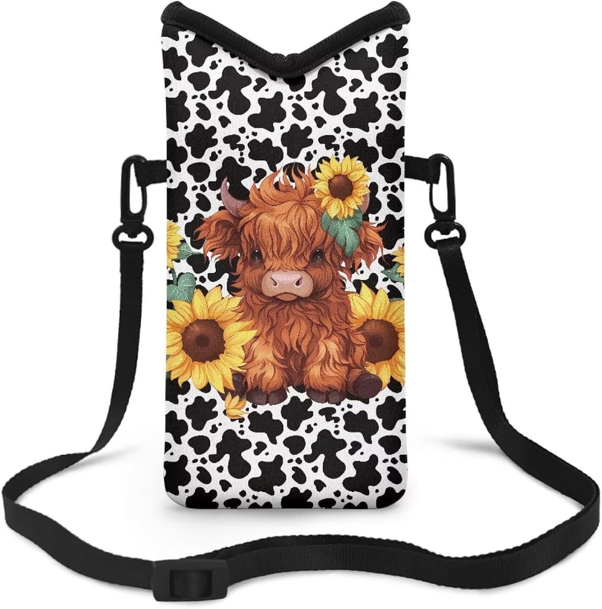 Mobile Phone Protection Case Bag Neoprene Cellphone Lightweight Sleeve Pouch Phone Bag with Adjustable Crossbody Strap, 4 X 8 Inch, Highland Cow Sunflower Cow Pattern
