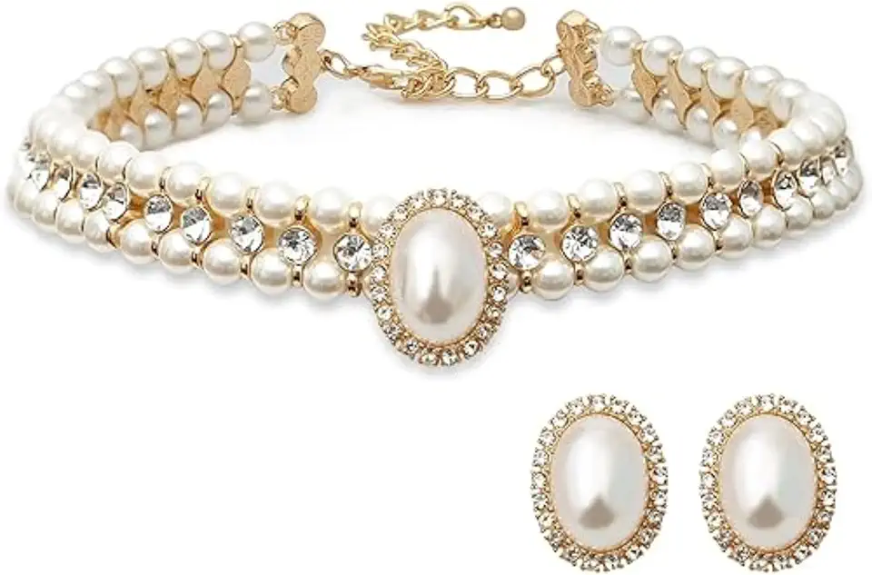 Choker e Brincos de Pérolas com Cristais – Estilo Vintage Anos 1920 para Casamentos, Formaturas e Festas Elegantes