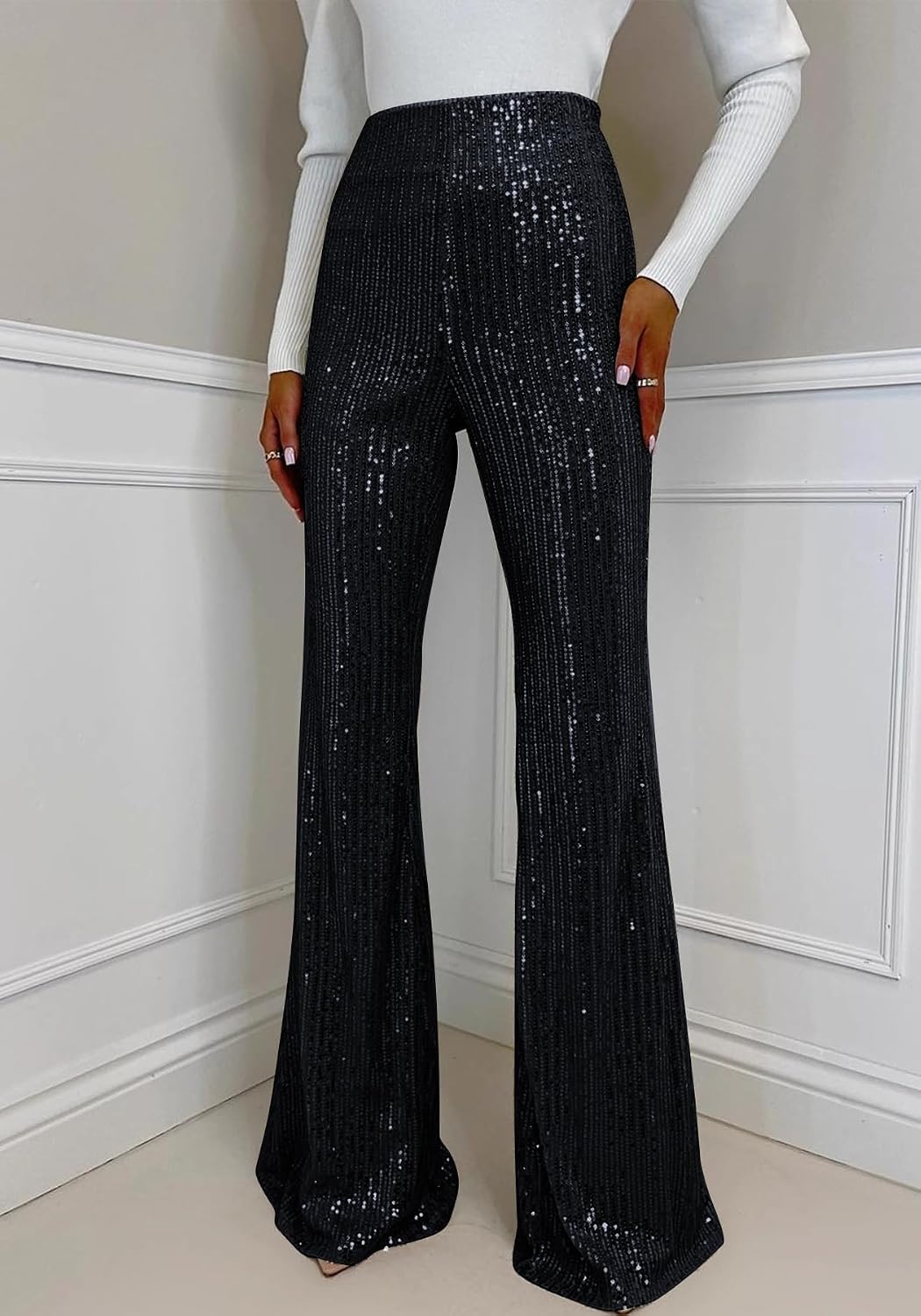 Women's Sequin Pants Sparkly Glitter High Waisted Bell Bottoms Night Out Dance Clubwea Flare Pants