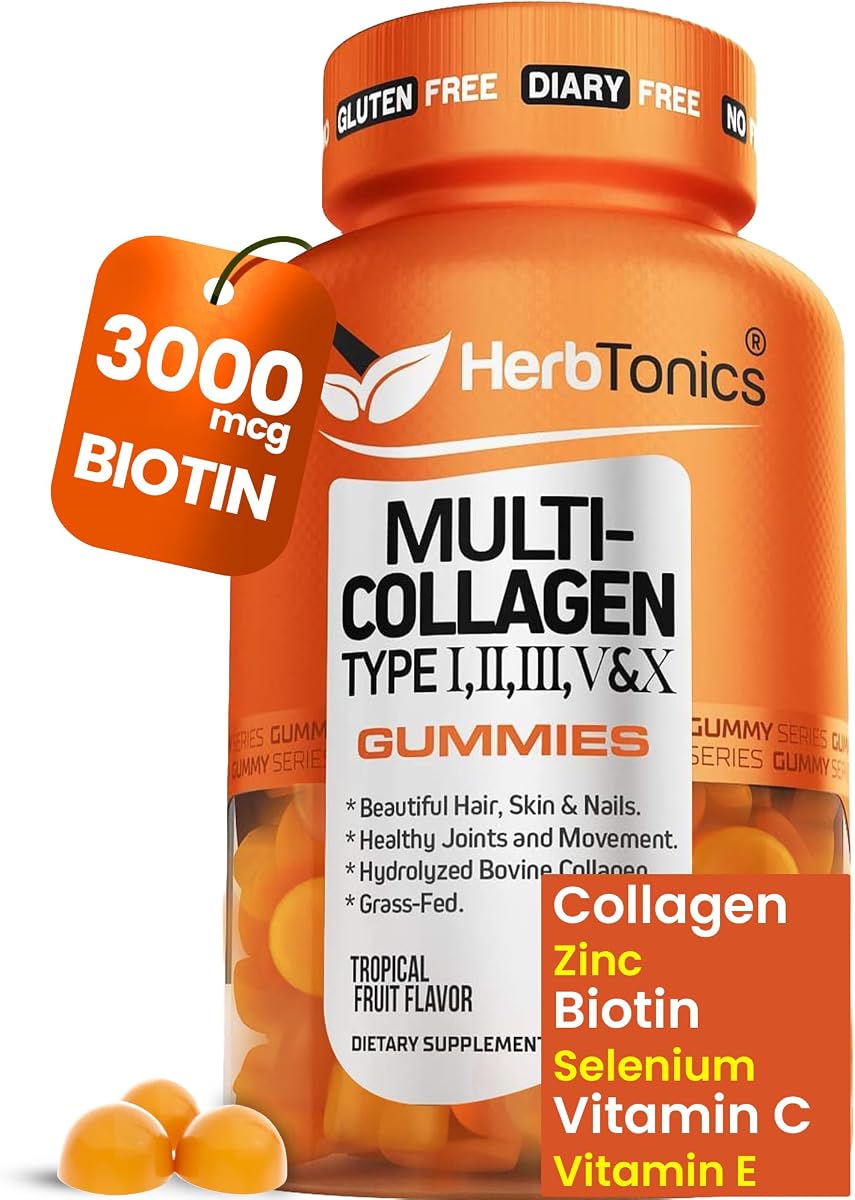 Herbtonics Multi Collagen Gummies with Biotin & Vitamin C, Hydrolyzed Collagen Peptides Types I, II, III, V, X for Hair, Skin, Nails, & Bone Support - New & Improved Tropical Flavor, 60 Gummies
