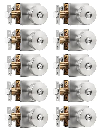 Tinewa 10 Pack Interior Privacy Door Knob with Lock, Brushed Nickel Keyless Door Handle for Bathroom and Bedroom, Zinc Alloy Heavy Duty Door Knobs on Square Rose