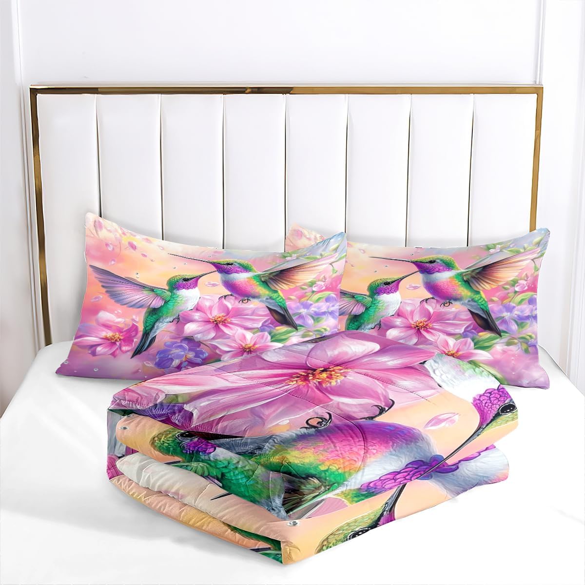 Hummingbird Comforter Set Queen Size, Gorgeous Pink Floral Bedding for Women Girls, Natural Bird Flower Pattern - 3Pcs Soft Fluffy Microfiber Quilt Set with 2 Pillowcases(90 * 90)