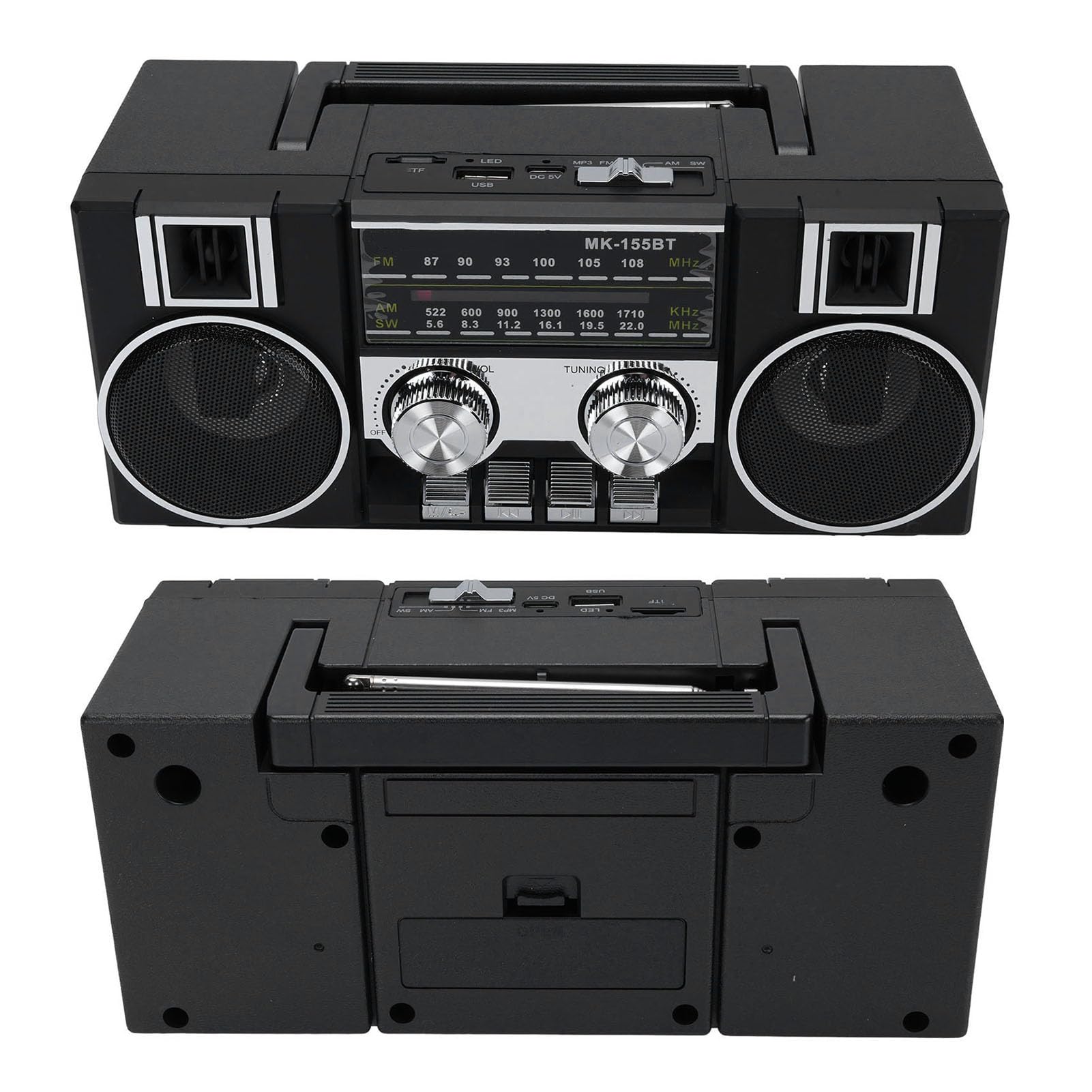 Tonysa 4 w 1 Przenośne Radio z Bluetooth, Clear FM & USB/SD, Podwójny Głośnik, Bateria 8H, ładunek Typu C dla łazienki/awaryjnego/awarii Zasilania (BLACK)
