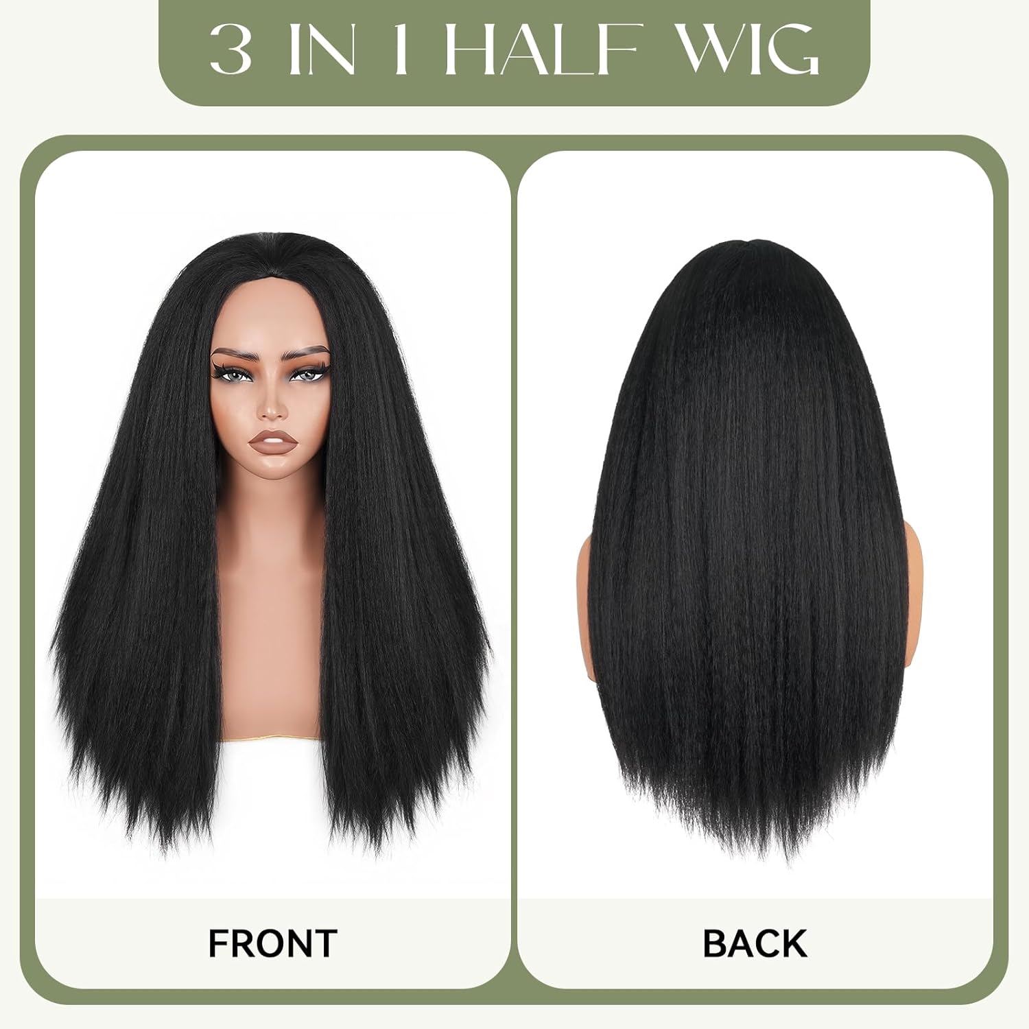 Yaki Straight Half Wig, 3 In 1 Drawstring Seamless Kinky Straight Half Wigs for Black Women, Glueless Clip-In & Flip-Over Synthetic Wig, Black 26 Inch