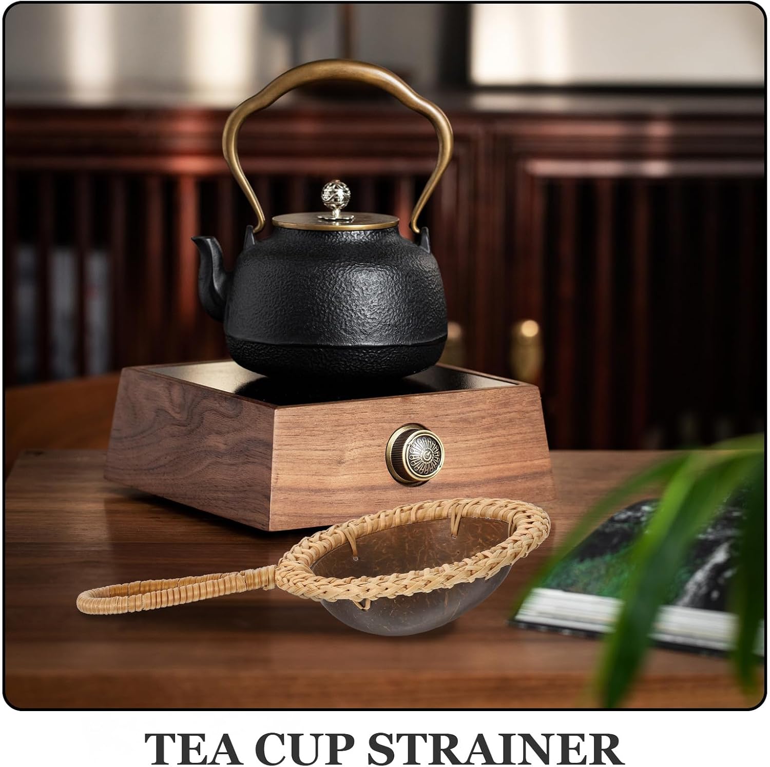 Handmade Coconut Shell Tea Strainer Long-handled Tea Infuser with Woven Rattan Filter
