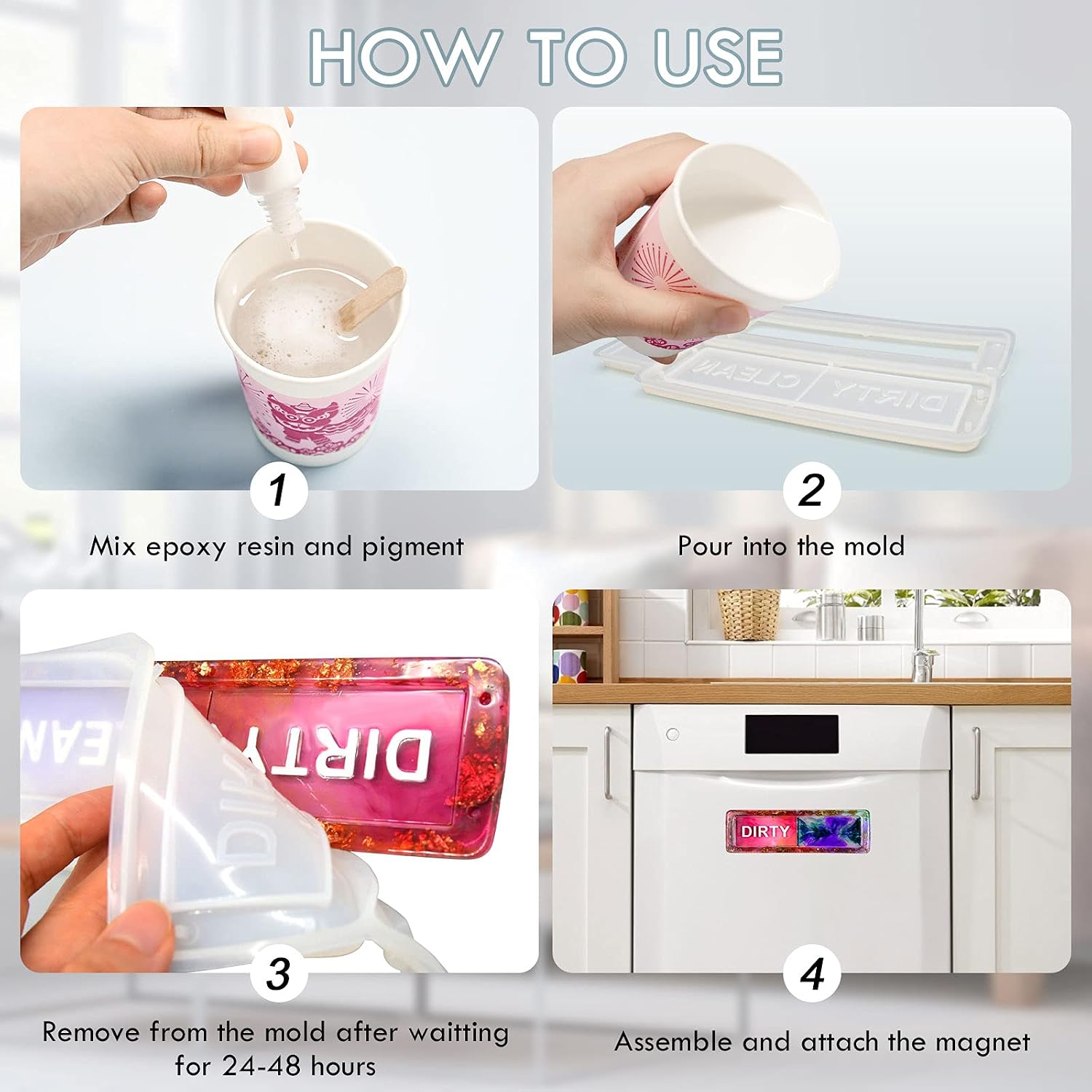 Dishwasher Magnet Resin Mold, Clean Dirty Sign Indicator Silicone Mold for Dishwasher, Clean Dirty Magnet Epoxy Mold with Magnet for Resin Casting.
