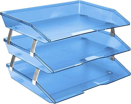 Acrimet Facility 3 Tier Letter Tray, Side Load, Letter Size/A4, Desktop File Organizer, Plastic Clear Blue Color | Document Tray with Aluminum Rods