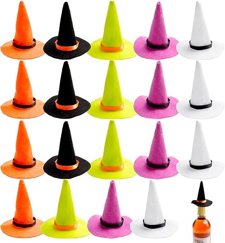 Simple polymer 20 piezas de mini sombreros de bruja y mini escoba decoración de murciélago de Halloween, decoración de botellas de vino hechas a
