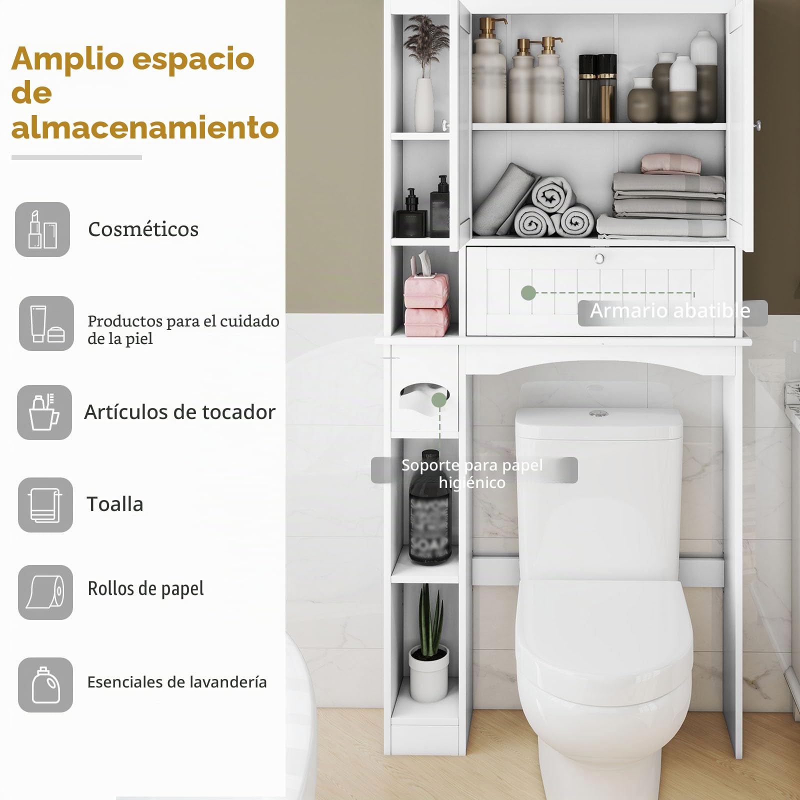 LIFEZEAL Estantería blanca para inodoro con 3 puertas y estantes ajustables, armario de baño independiente, armario de lavandería, 80 x 21 x 165 cm