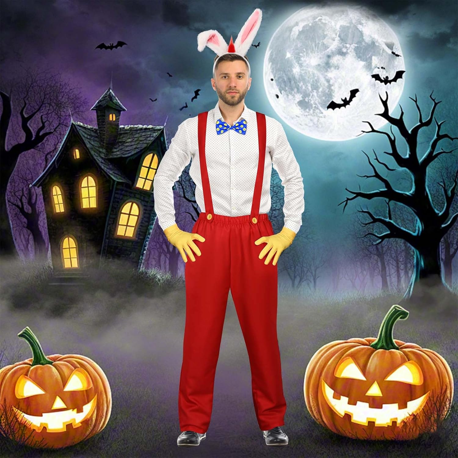 Halloween Rabbit Costume for Men with Red Pants Adjustable SuspendersHeadband Bow Tie Gloves for Adults Cosplay - Image 6