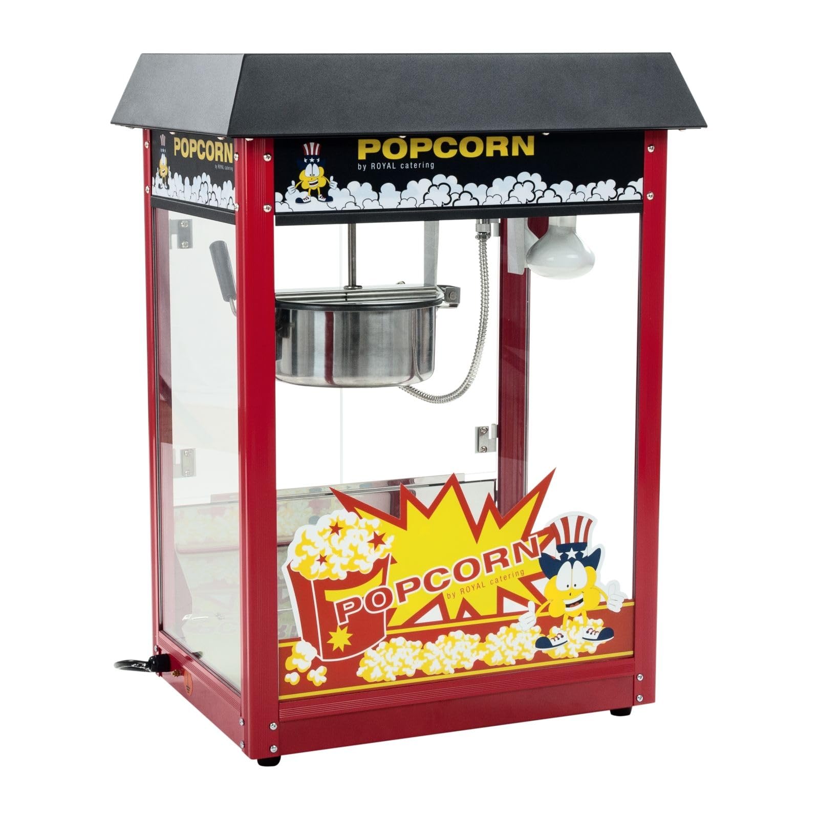 Royal Catering Machine À Popcorn Professionnelle RCPS-16E (1500 W, 5 Kg/Heure, 16 l/h, Marmite ø18 cm, Revêtement Antiadhésif, Rouge, Toit Noir)