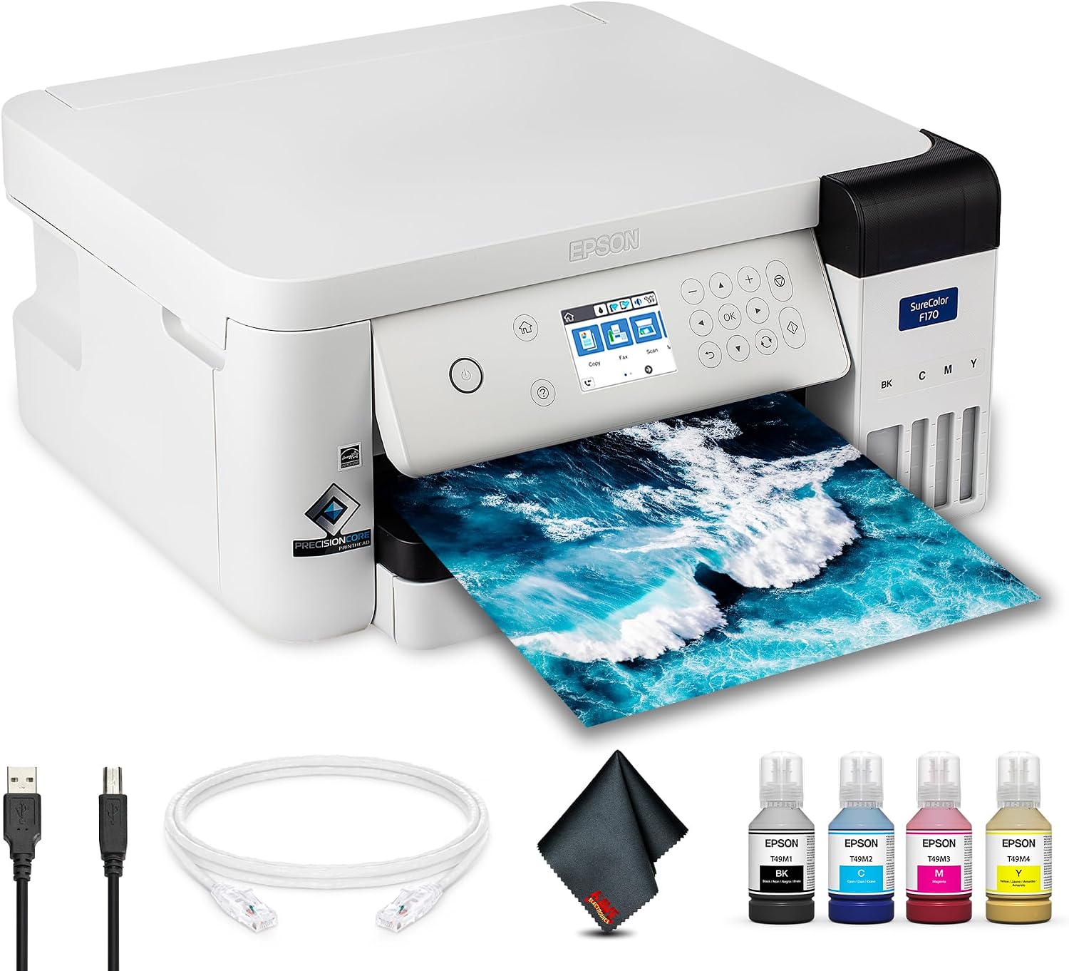 EPSON SureColor F170 Dye-Sublimation Printer (C11CJ80201) Bundle with Ethernet Cable, USB Cable, Fiber Cloth