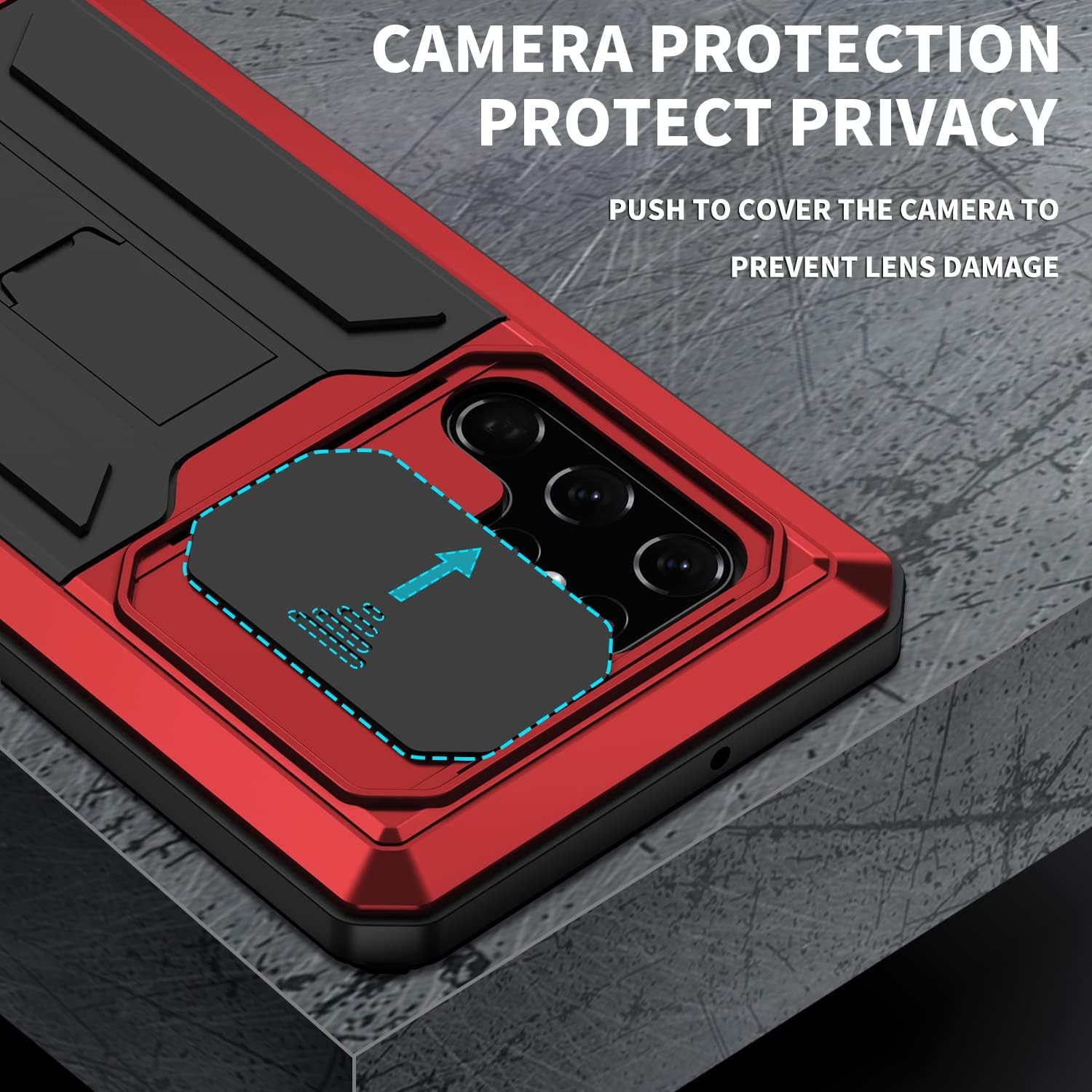 Compatible for Samsung Galaxy S22 Ultra Metal Case,Heavy Duty Dust Proof Military Grade Rugged Case with Sliding Camera Cover and Built-in Foldable Kickstand with Full-Body Bumper Cover (Red)