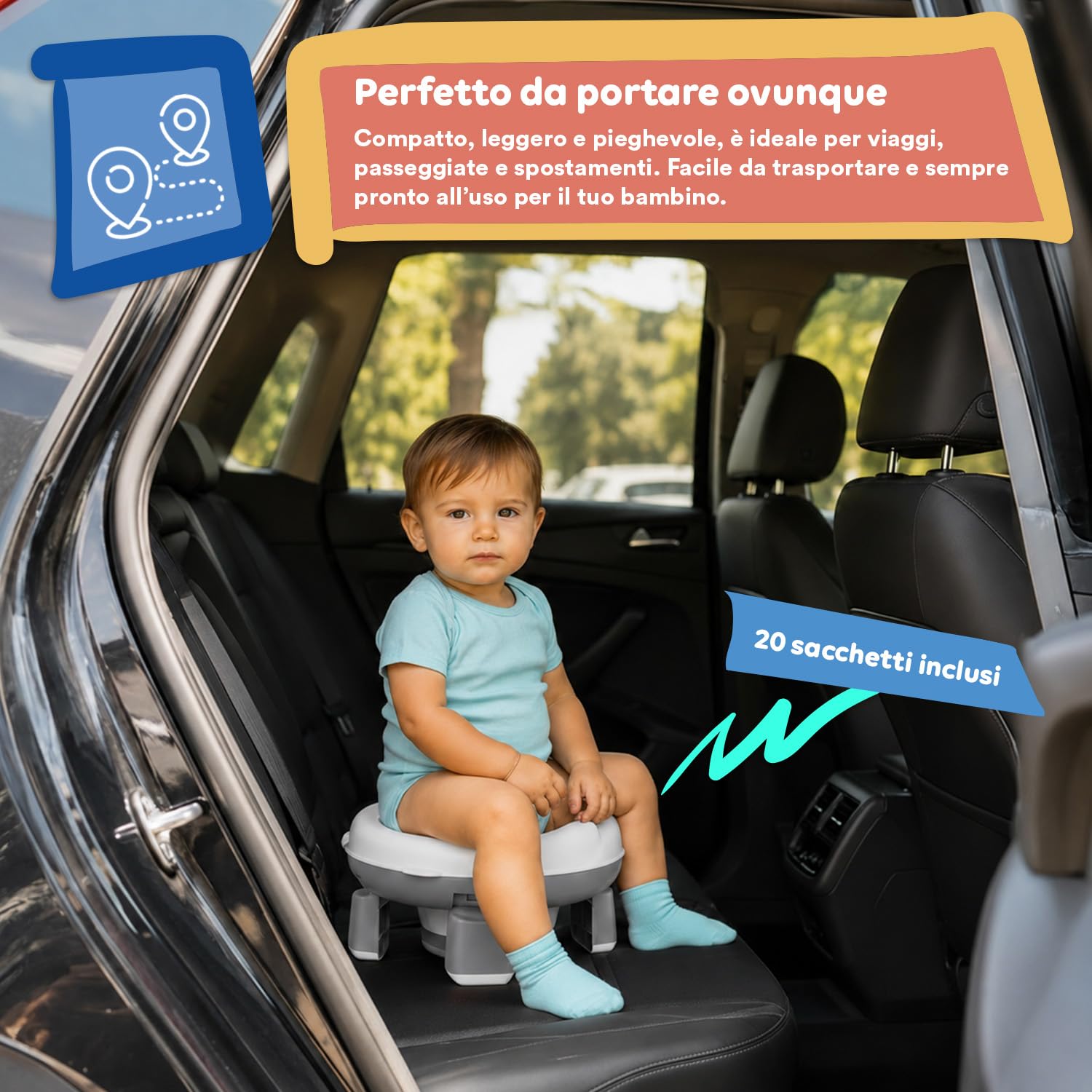 Avilia - Vasino Pieghevole Portatile per Bambini 1-3 Anni con 20 Sacchetti – Vasino da Viaggio in PP+TPR – Gabinetto Portatile Compatto L26,2xP28,5xA15 cm – Seduta Comoda e Igienica (Grigio)