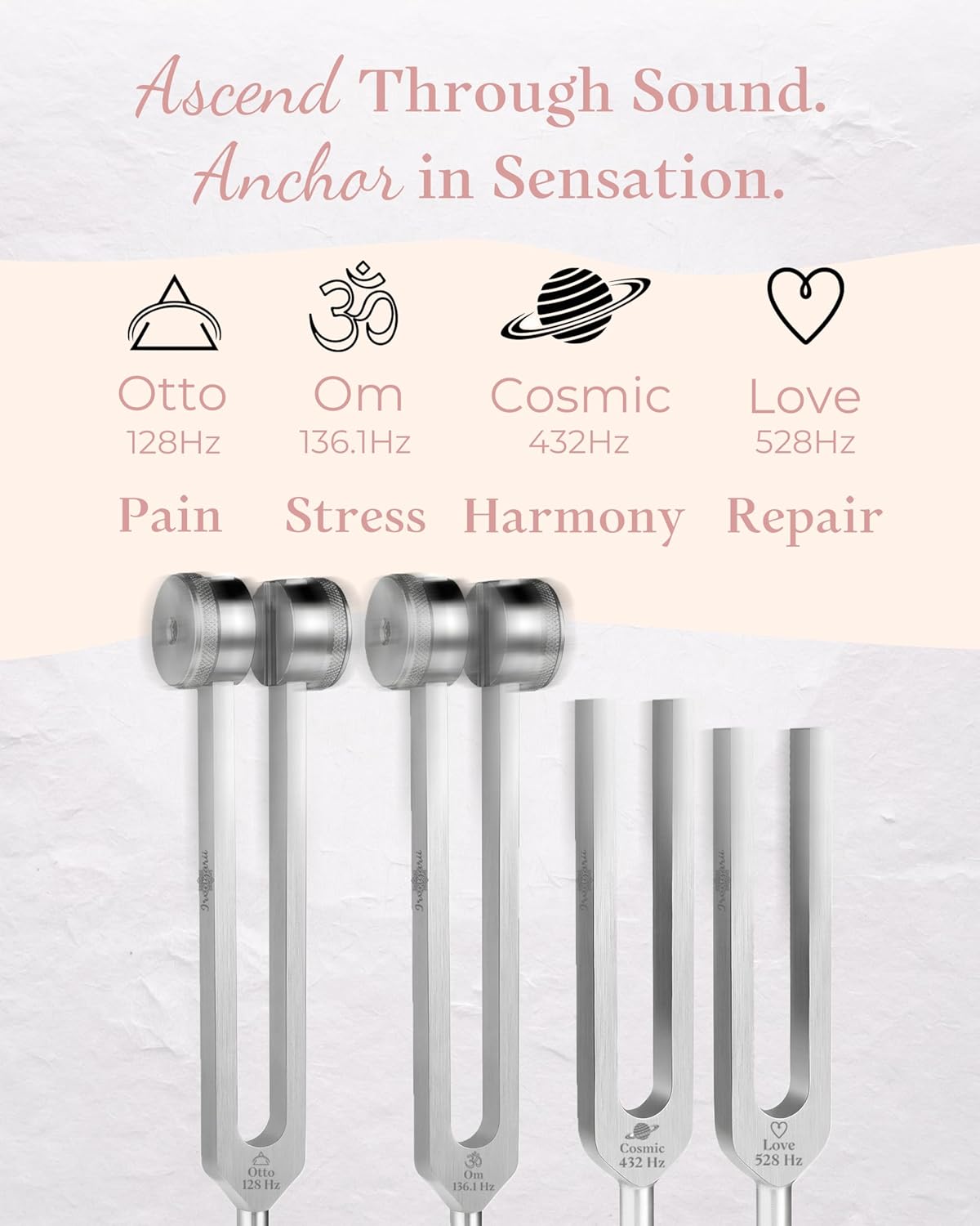 Tuning Forks for Healing Set - 4 Frequencies (128Hz, 136.1Hz, 432Hz, 528Hz) with Gem Foot, Visual Mandala Cards - Premium Sound Therapy Kit for Mindful Relaxation, Anxiety Relief & Holistic Wellness