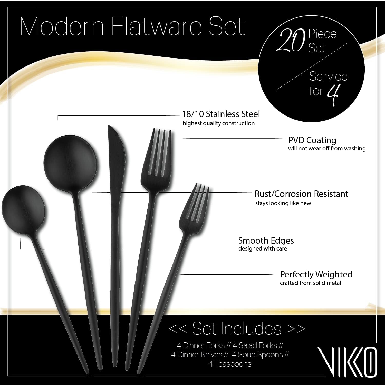 Vikko Decor Modern Silverware Set, Brushed Black Flatware Set, Elegant Long Handled Cutlery, Satin Matte Silverware for Upscale Dining, Entertaining, or Gift, 20 Piece Set, Service for Four (4)