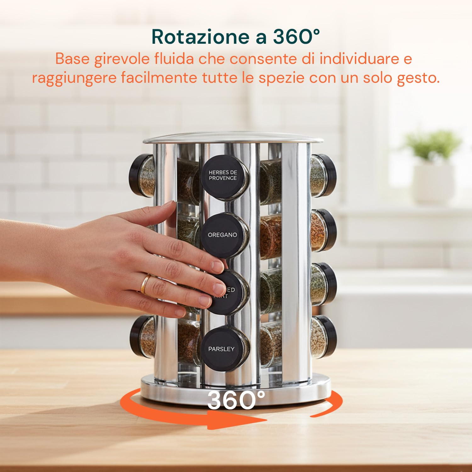 Avilia Portaspezie Girevole 360° con 16 Barattoli in Alluminio – Porta Spezie Salvaspazio Alzatina Cucina Rotante a 2 Livelli con 32 Etichette e Penna – Organizer Dispensa Cucina