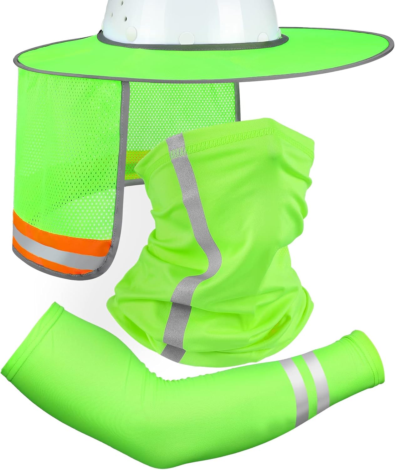 SATINIOR 3 Pcs Sun Hard Hat Neck Protection High Visibility Full Brim Mesh Sun Protection Bandana Headband Arm Sleeves with Reflective Strap for Construction Helmet Hard Hat(Neon Green)