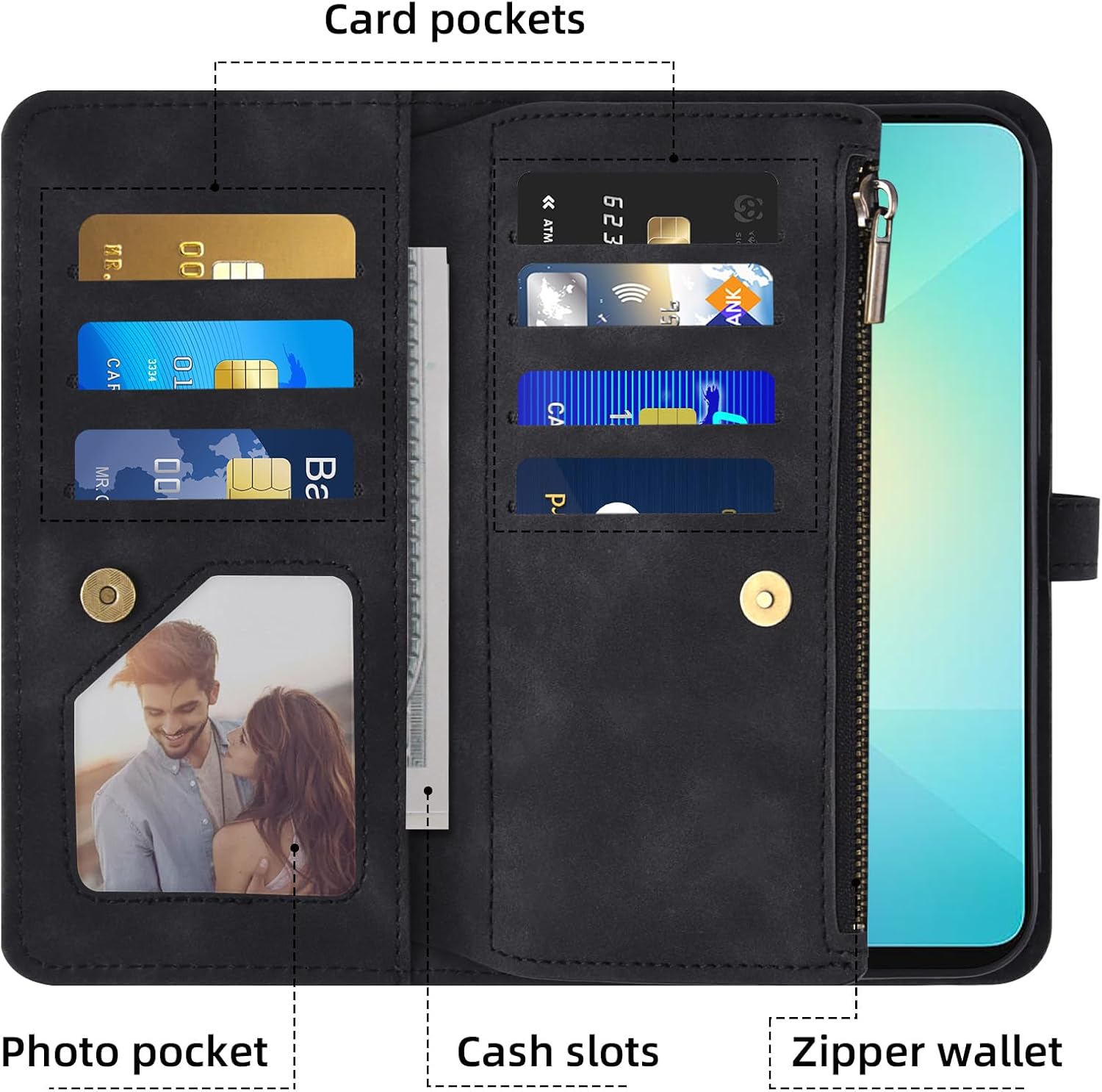 Phone Case for Samsung Galaxy A06 Wallet Cover with Tempered Glass Screen Protector and Crossbody Wrist Strap Leather Flip Pattern Zipper Credit Card Holder Stand Cell Ao6 A 06 SM-A065F A065M Black