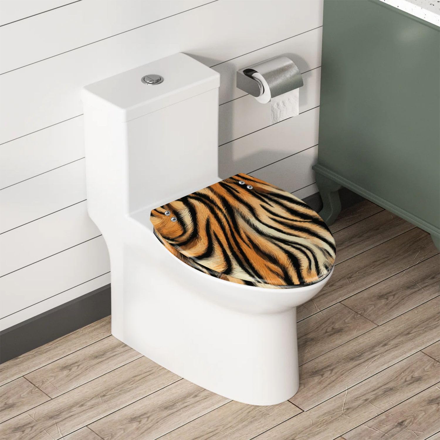 Elongated Toilet Seat Tiger Skin Exotic Texture Animal Striped Skin Fur Resin Toilet Seat with Quietly Close Quick Release Hinges Decorative Toilet Seat with Cover Easy to Clean and Install