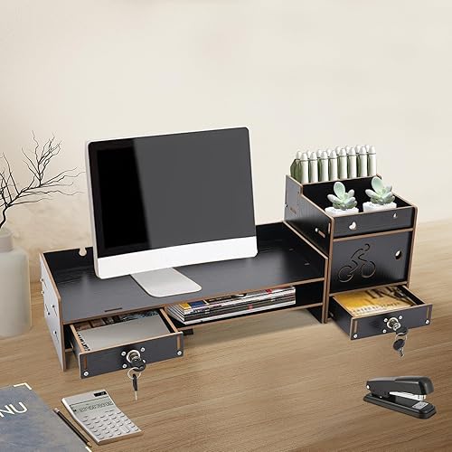 Miniatura 6 de Soporte para monitor de escritorio con cajón, elevador ajustable para laptop, soporte de refuerzo para monitor de computadora para oficina en casa