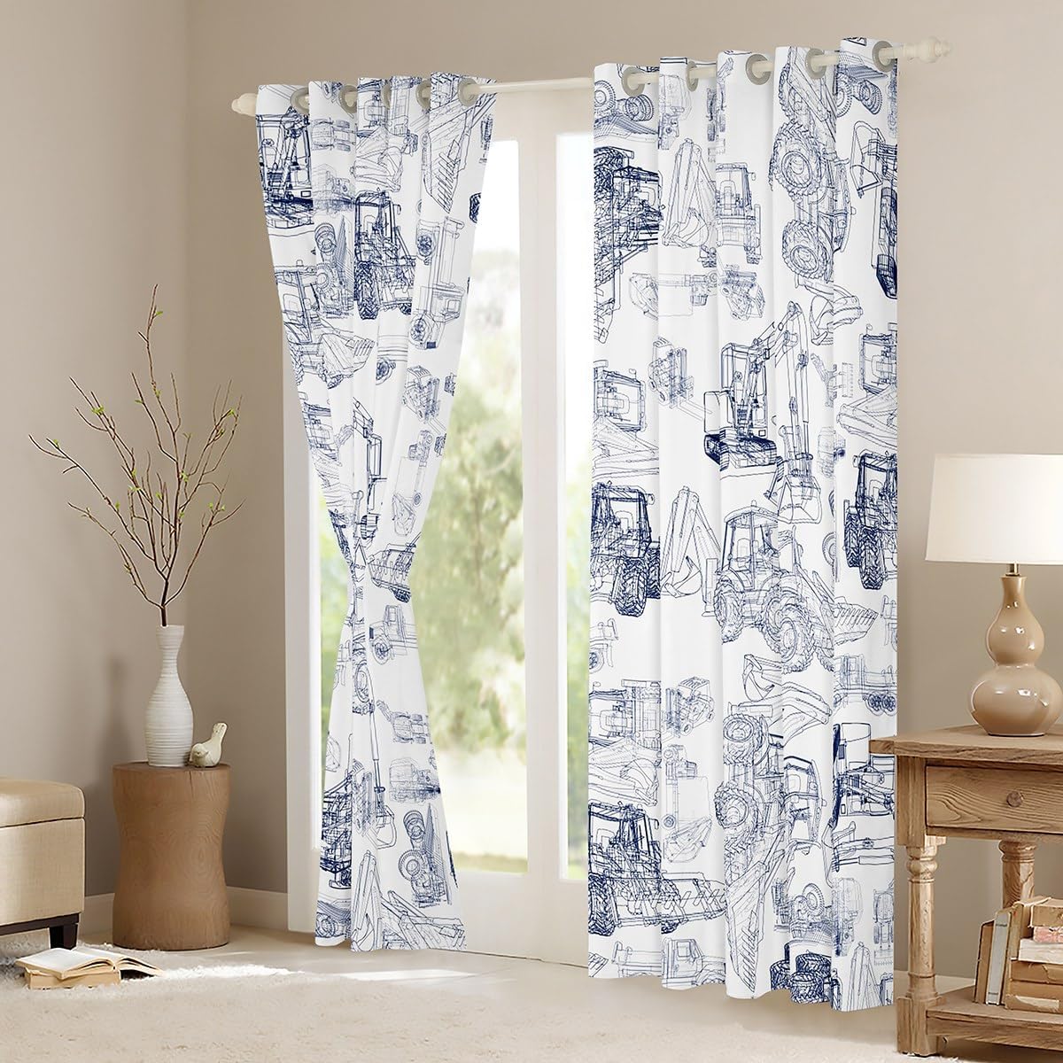 Feelyou Construction Curtains (2 Panels, 38 x 54 Inch) Kids Equipment Trucks 30%-50% Blackout Curtains Construction Vehicles Darkening Drapes Cartoon Car Excavator Tractor Blue Window Treatments