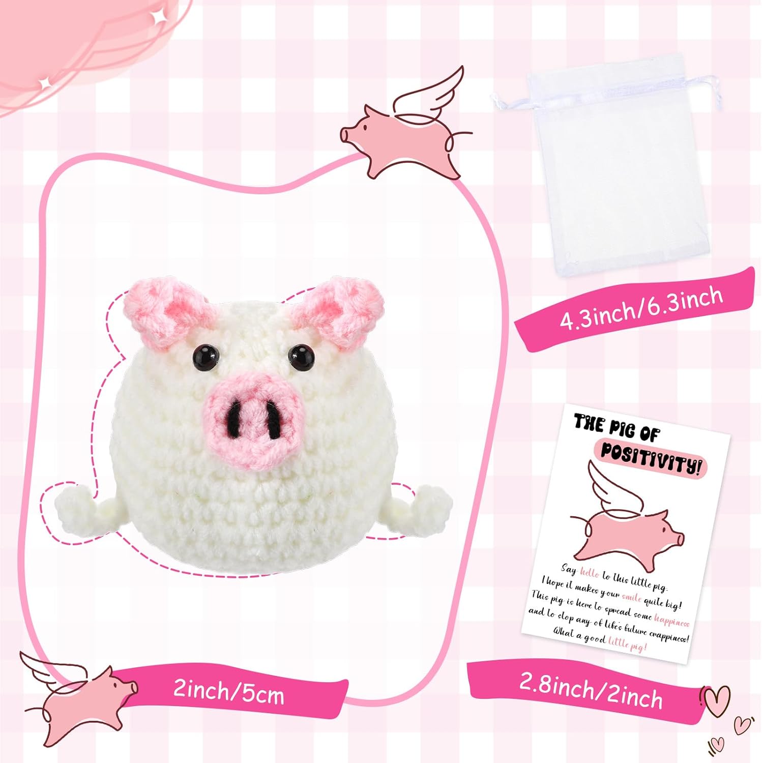 HyDren 12 Sets Emotional Crochet Animal Encouraging Handmade Crochet Gifts Collectible with Positive Card Organza Bag for Valentine Employee Coworker Volunteer (Pig)