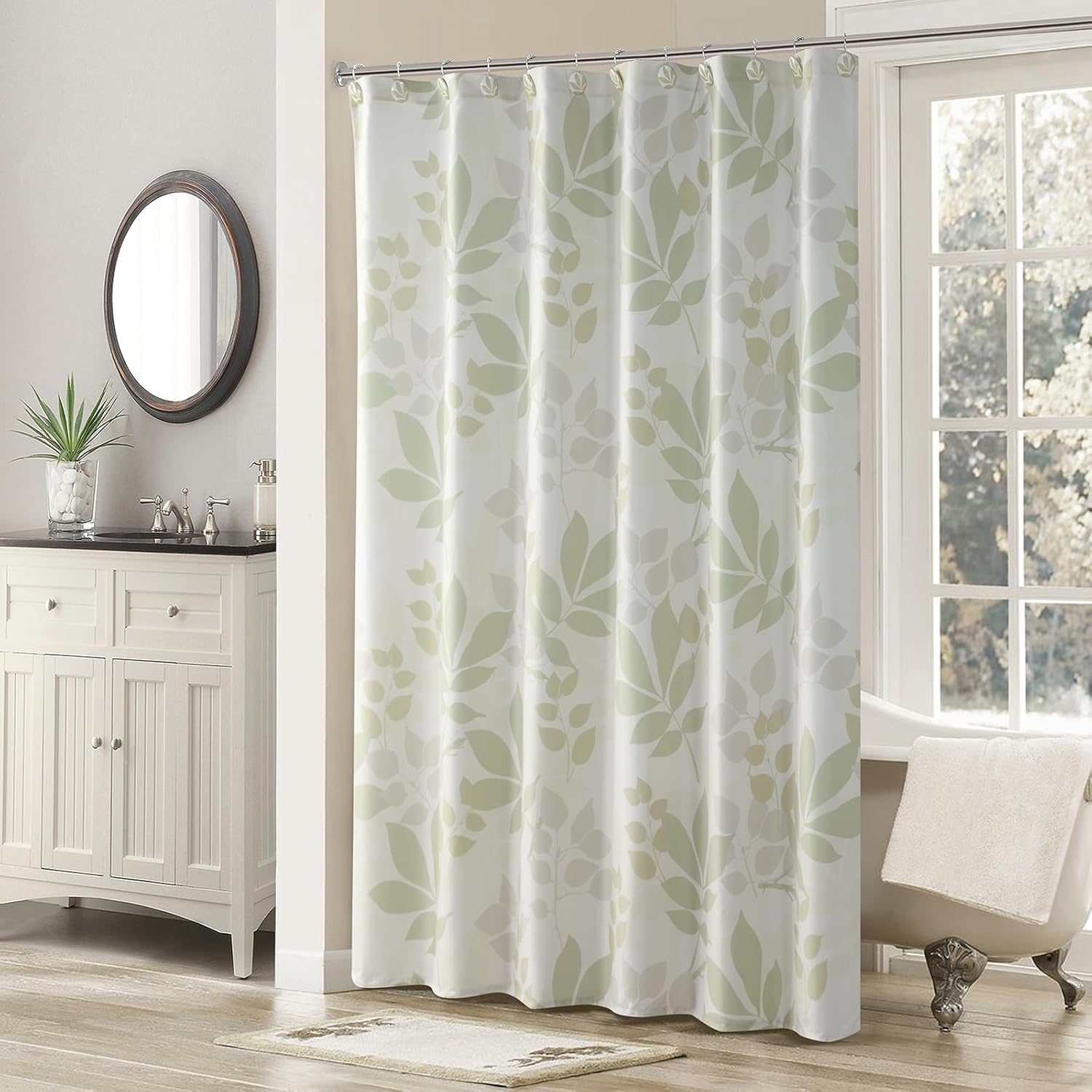 Shadow Leaves Soft Microfiber Fabric Tan Printed Floral Shower Curtain,Farmhouse Waterproof Ivory Polyester Green Bathroom Curtains,72" W x 72" L