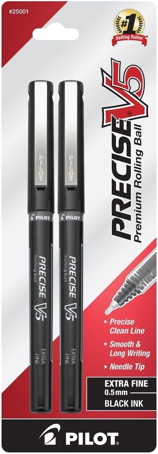 PILOT Precise V5 Stick Liquid Ink Rolling Ball Stick Pens, Extra Fine Point (0.5mm) Black Ink, 2-Pack (25001)