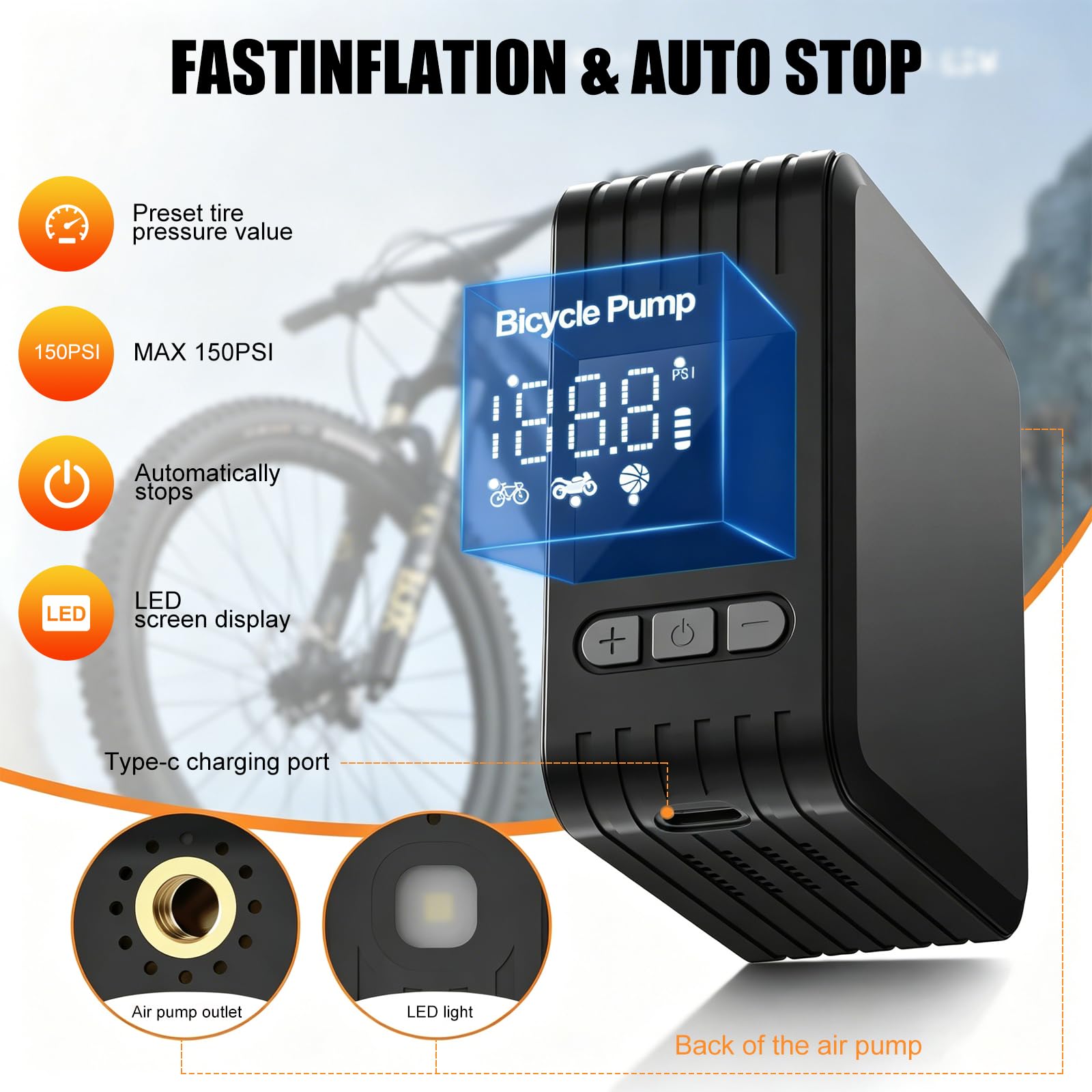 Mini Bomba de Bicicleta Eléctrica, 150 PSI Bomba de Neumáticos Eléctrica Inalámbrica con Manómetro Digital, Bomba Eléctrica para Bicicleta MTB y Carretera, Bicicleta MTB, Motocicleta