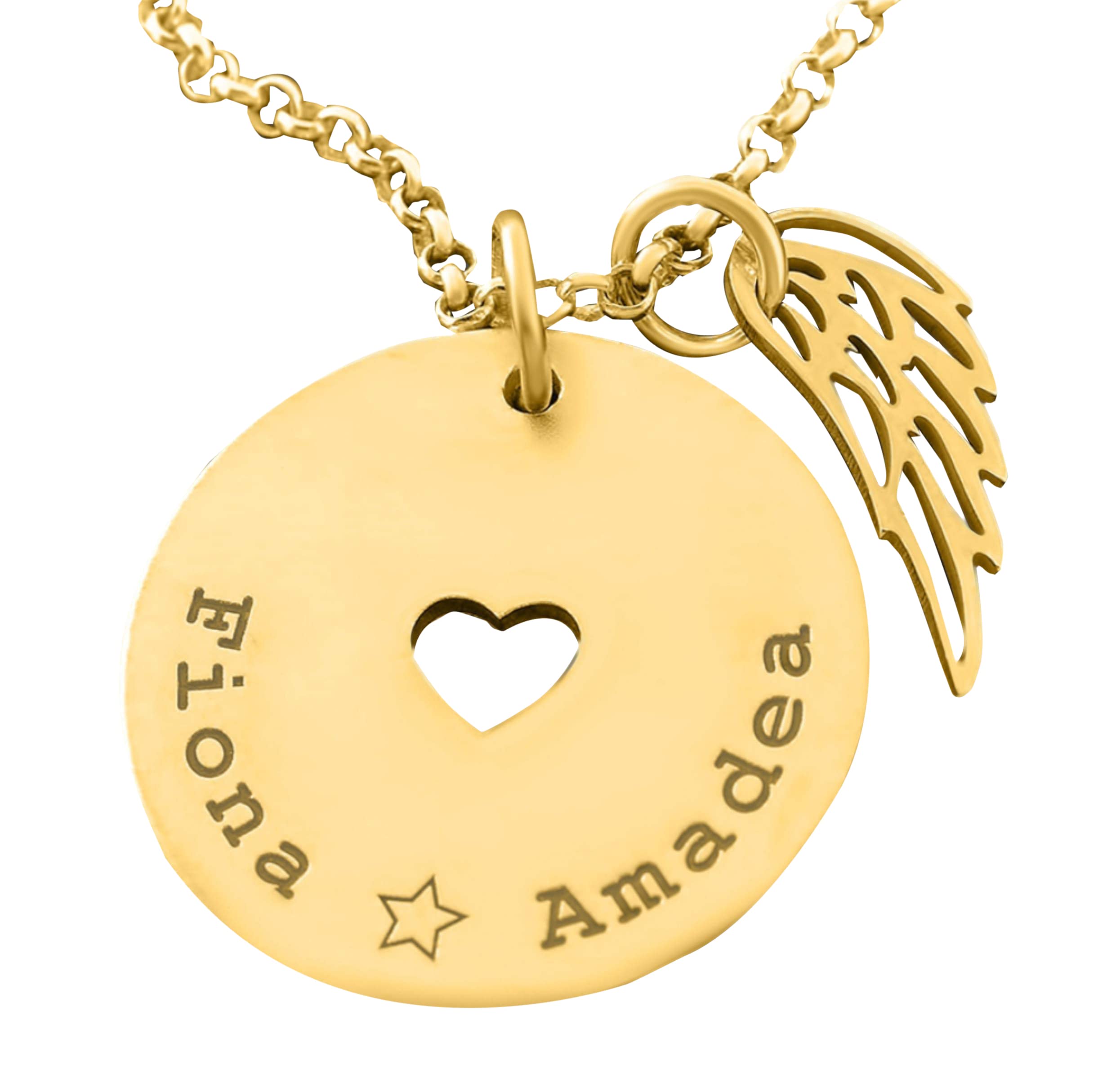 Kette mit persönlicher Gravur Familienkette Gold mit Namen Collier Engelsflügel Schutzengel Kette Geburt Mutter Schmuck vergoldet | HANDMADE IN GERMANY