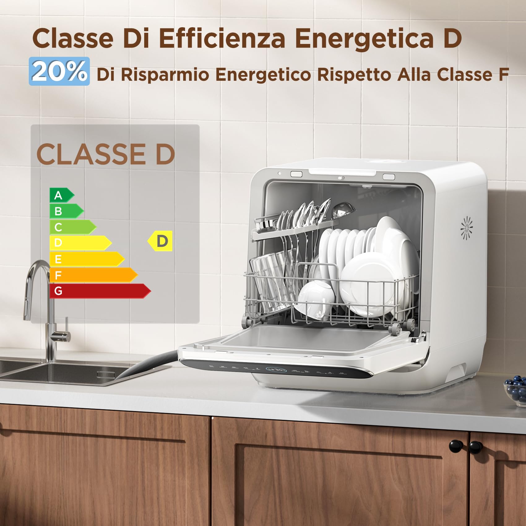 COMFEE' CDWMP305W-IT Lavastoviglie A Libera Installazione, 3 coperti, Design compatto da tavolo 435×420×465 mm, Facile installazione, Riempimento manuale, Programmi multipli, classe energetica D