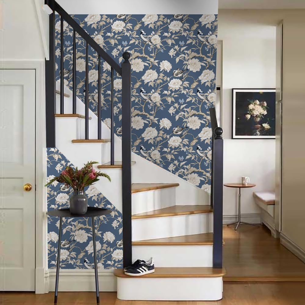 18"x236" Navy White Vintage Peony Floral Peel and Stick Self Adhesive Wallpaper Removable Contact Paper Stick on Easy Peel Off Wall Paper for Kitchen Bedroom Bathroom Renter
