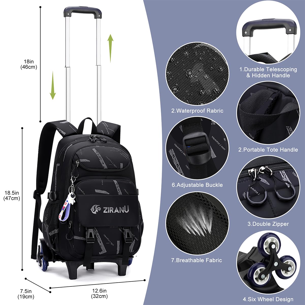 Mochilas Escolares con Ruedas Carro para Mochilas Escolares Niña Niños Grande Bolsas Escolares 6 Ruedas Trolley Bag Mochila Infantil Negro 32x20x46cm