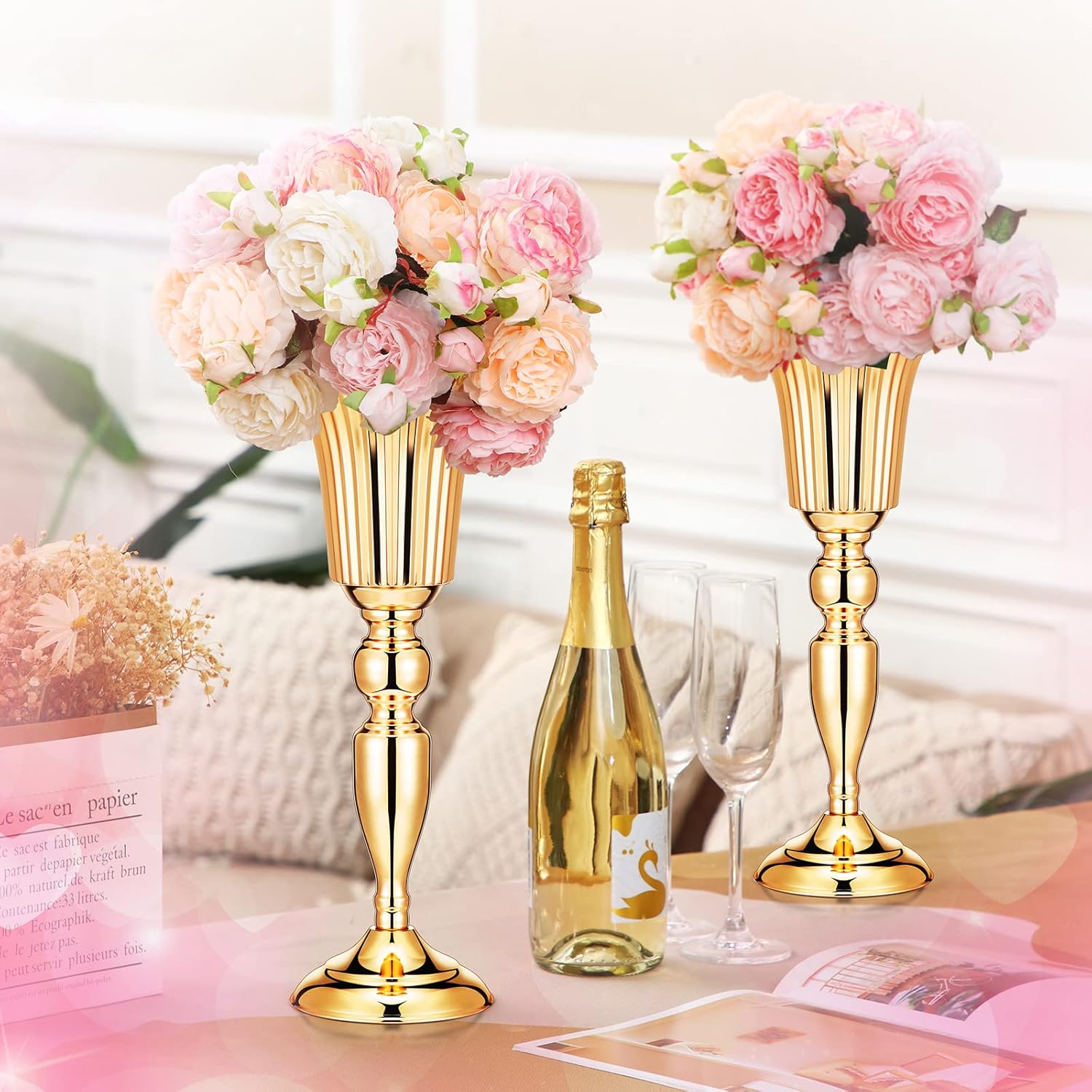Weysat 10 Pcs Tall Vases for Centerpieces, 15 Inch Trumpet Vases Bulk Metal Gold Flower Arrangements for Party Dinner Event Wedding Floral Tabletop Birthday Decorations Reception Anniversary