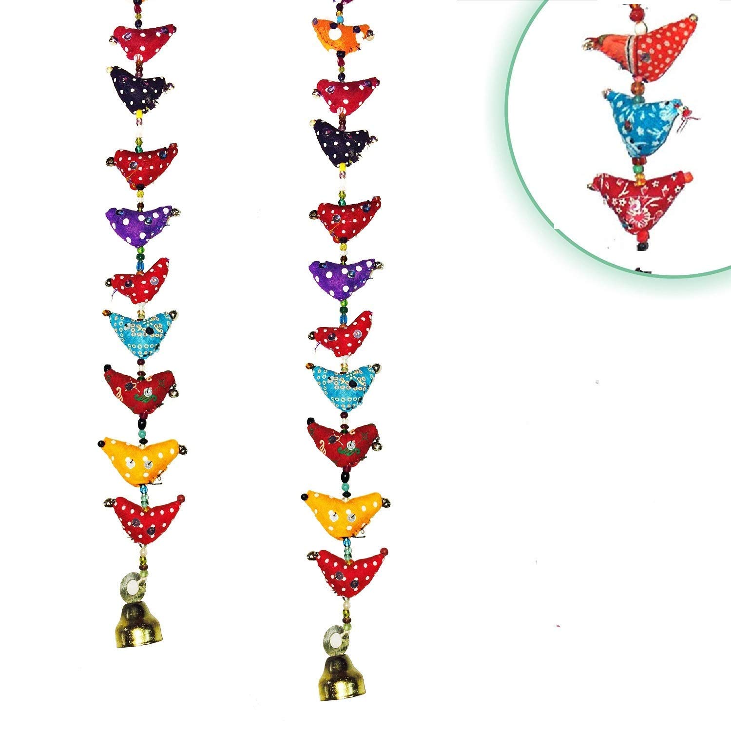 Anupam Traditional Indian Rajasthani Handicrafts Handmade Decorative Bird Wall & Door Hangings with Beads & Brass Bell Strings for Home Decoration & Gift in Vibrant Color (10, Birds 2 String)