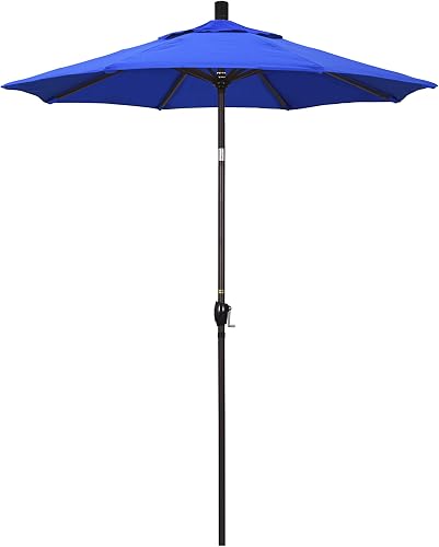 California Umbrella 6' Round Aluminum Market Umbrella, Crank Lift, Push Button Tilt, Bronze Pole, Sunbrella Pacific Blue