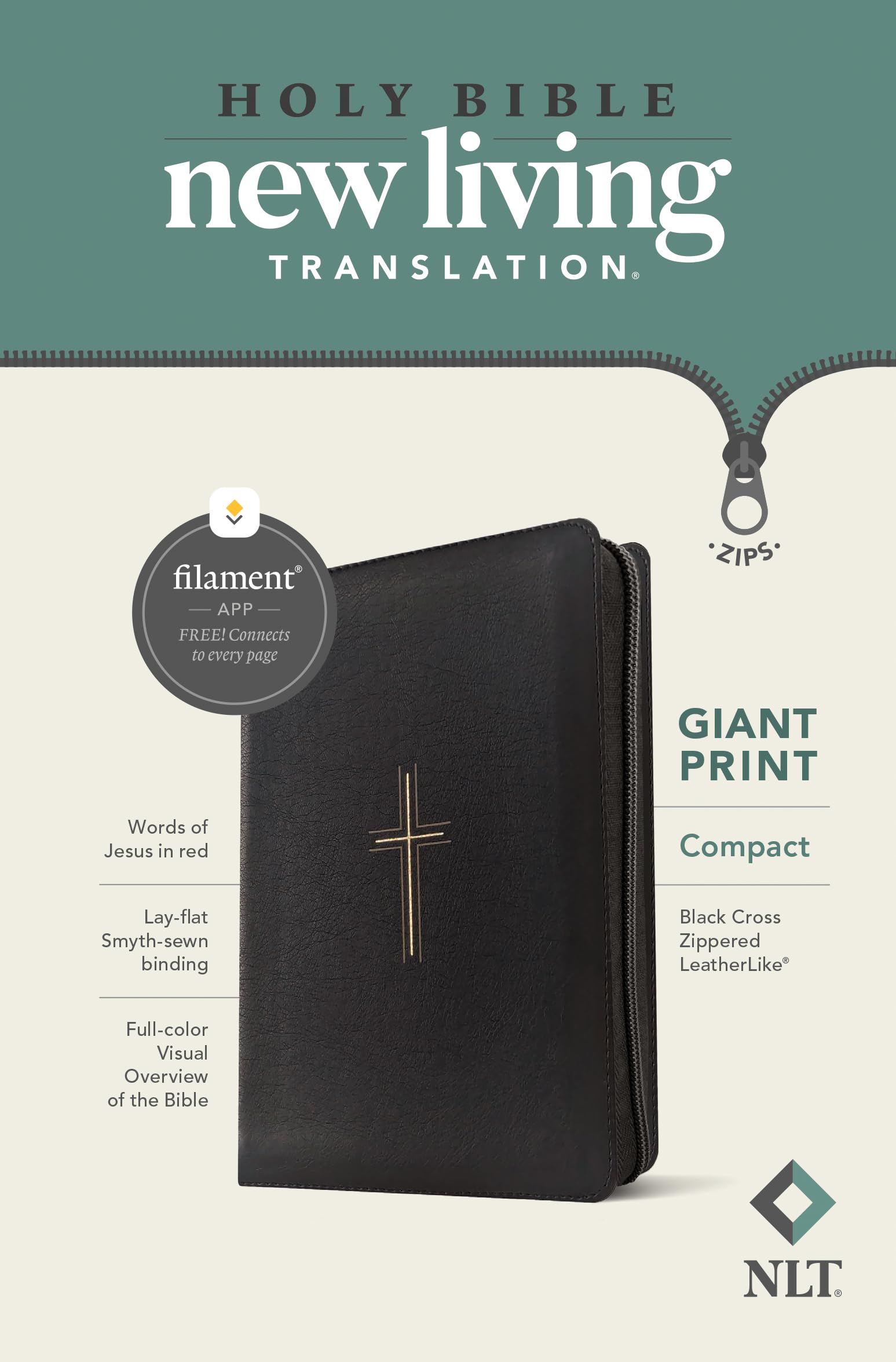 NLT Compact Giant Print Zipper Bible, Filament Enabled (Leatherlike, Black Cross, Red Letter): New Living Translation, Black Cross, Leatherlike, ... Letter, With Ribbon Marker and Zip Fastener