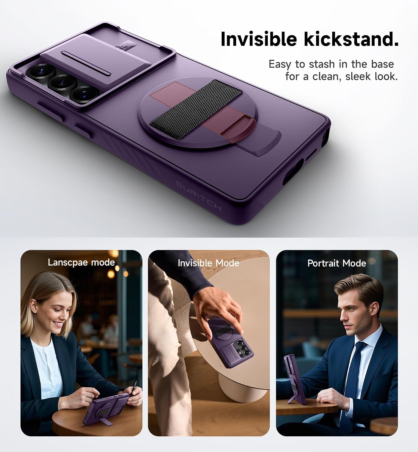 SURITCH for Samsung Galaxy S25 Ultra Case with 360° Rotatable Hand Strap Phone Grip & Invisible Kickstand & Slide Camera Cover, Rugged Shockproof Protective Cover for S25 Ultra -Dark Purple