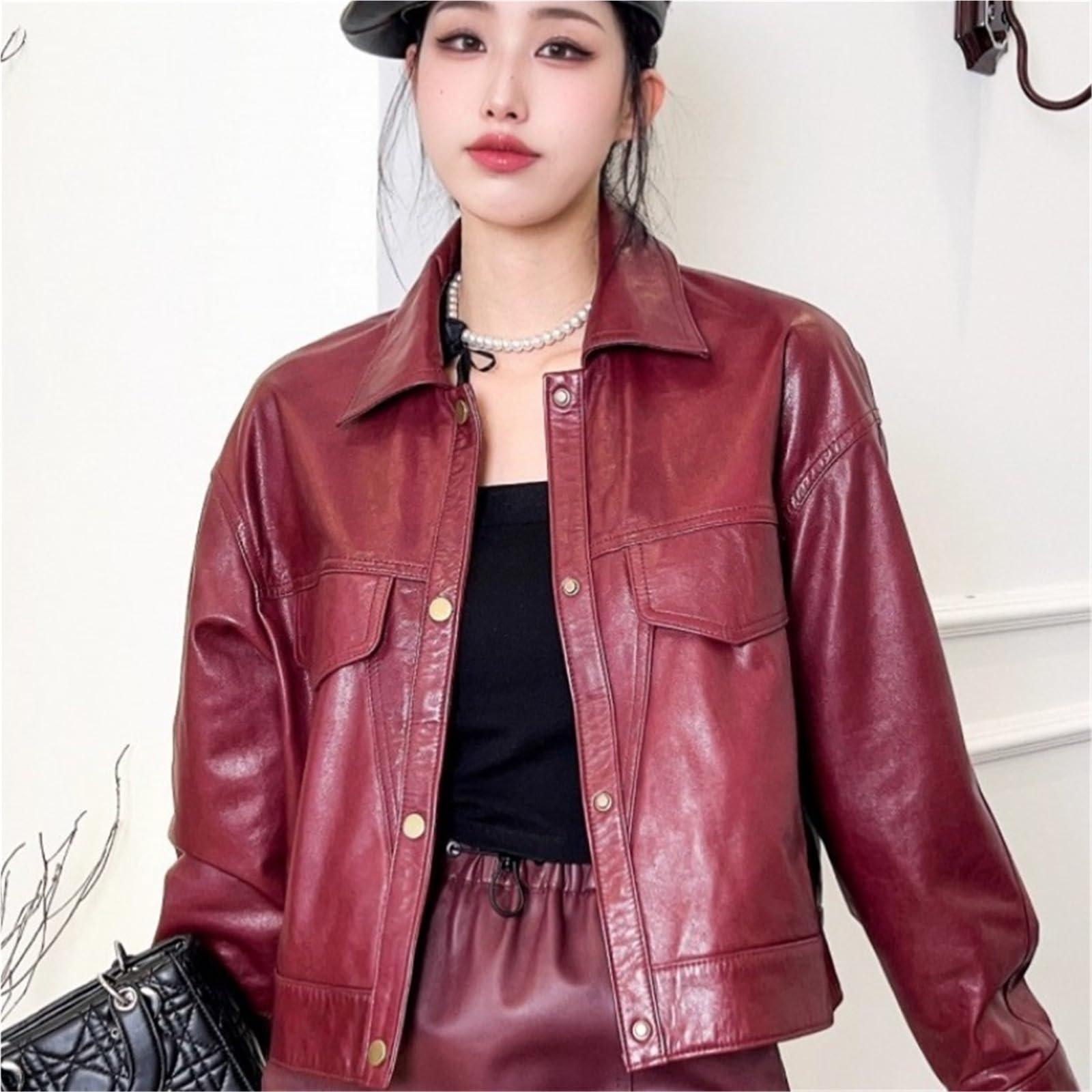 Chaqueta Cuero Mujer Chaqueta de cuero genuino estilo motociclista for mujer, un solo pecho, holgada, con protección contra el aceite y la cera Para salir