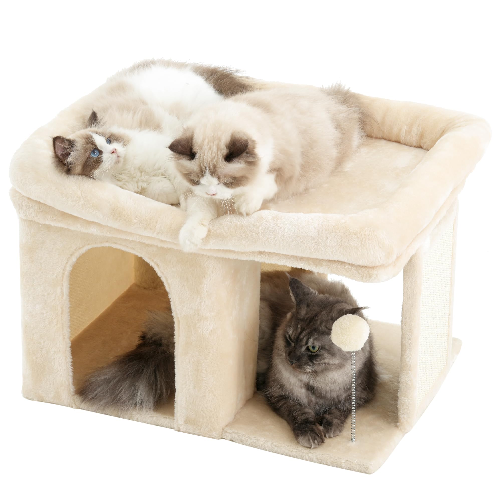Heybly Arbre à Chat, Tour de 35 cm avec Grande Plateforme de Repos et Cabane pour Chats Adultes d'Intérieur, Poteaux à Griffes et Balle à Ressort Interactive Inclus, Beige HCT203SM