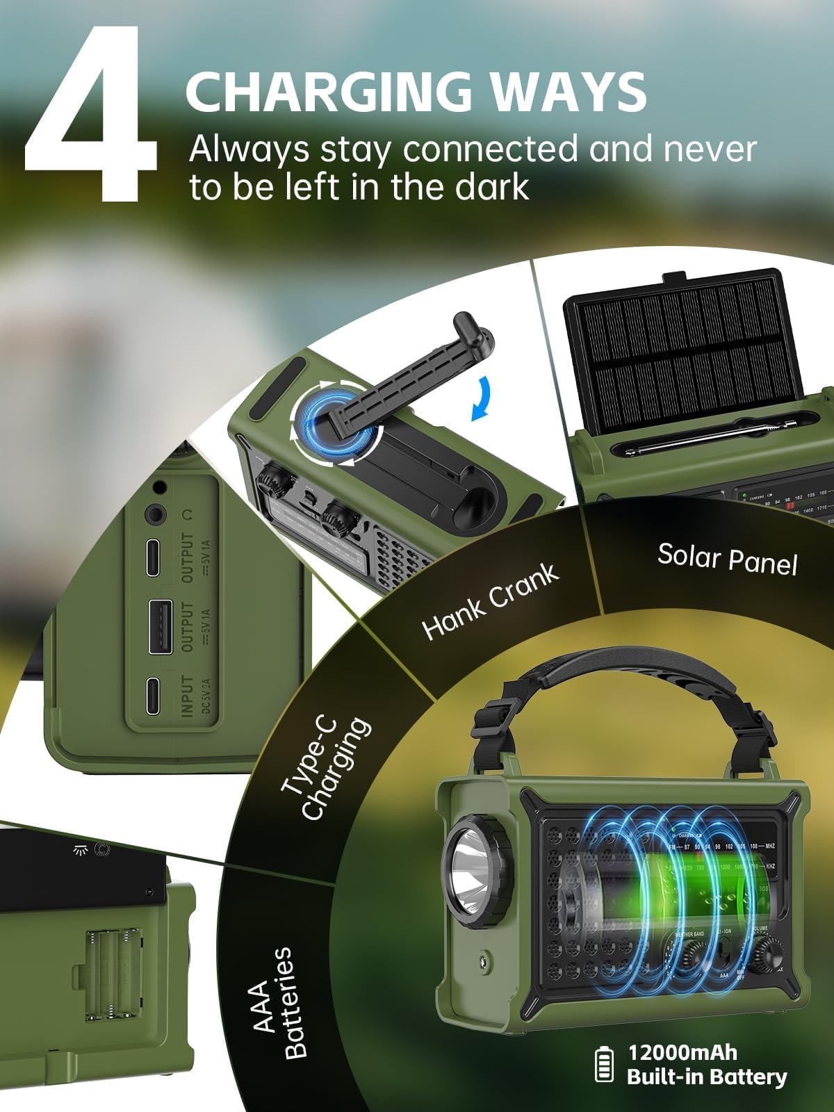 MINORZ 12000mAh Kurbelradio, Tragbares Notfallradio mit Große Solarplane, HiFi Klangqualit, AM/FM, SOS, Taschenlampe & Leselampe, IPX6 Wasserdicht, Ideal für Outdoor Camping Notfall
