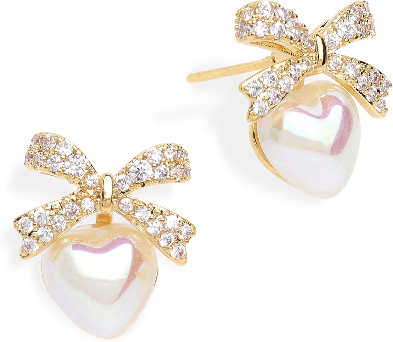 Jean Beau Pearl Bow Stud Earrings for Women, Christmas Dainty Pearls Cubic Zirconia Heart Earring Wedding Prom Xmas Holiday Accessories Costume Fashion Jewelry Gift