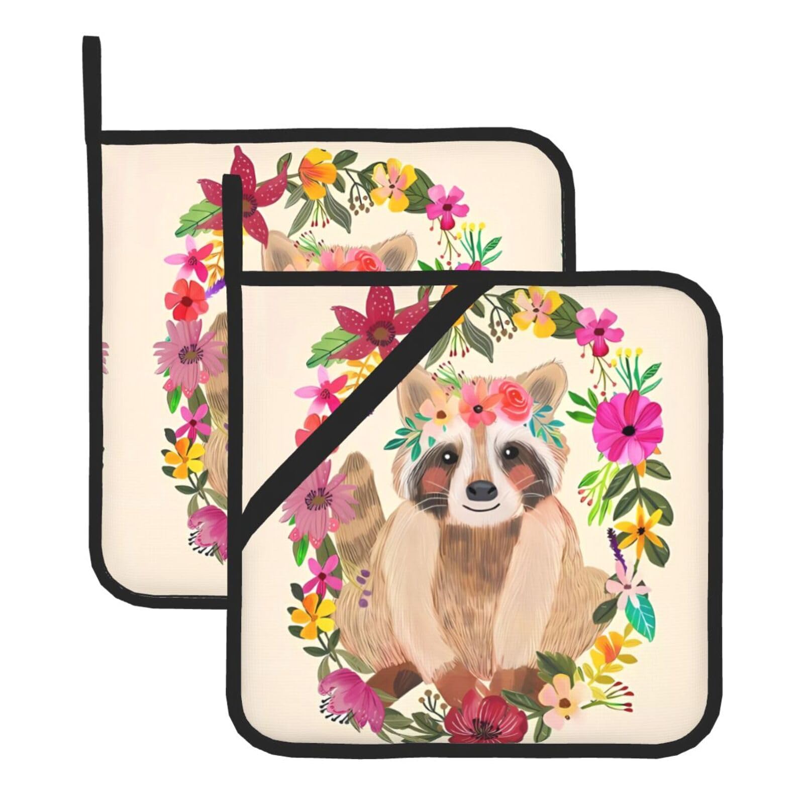 YYHWHJDE raccoon Prints Square Hot Pads for Kitchen Counter - Waterproof Pot Holders with Hanging Loop, Durable Trivets for Microwave Oven - 2 Pack