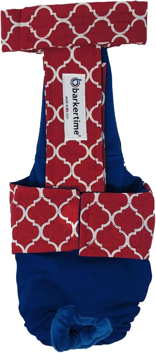 Red Quatrefoil on Blue Dog Diaper Overall, L, with Tail Hole - Made in USA