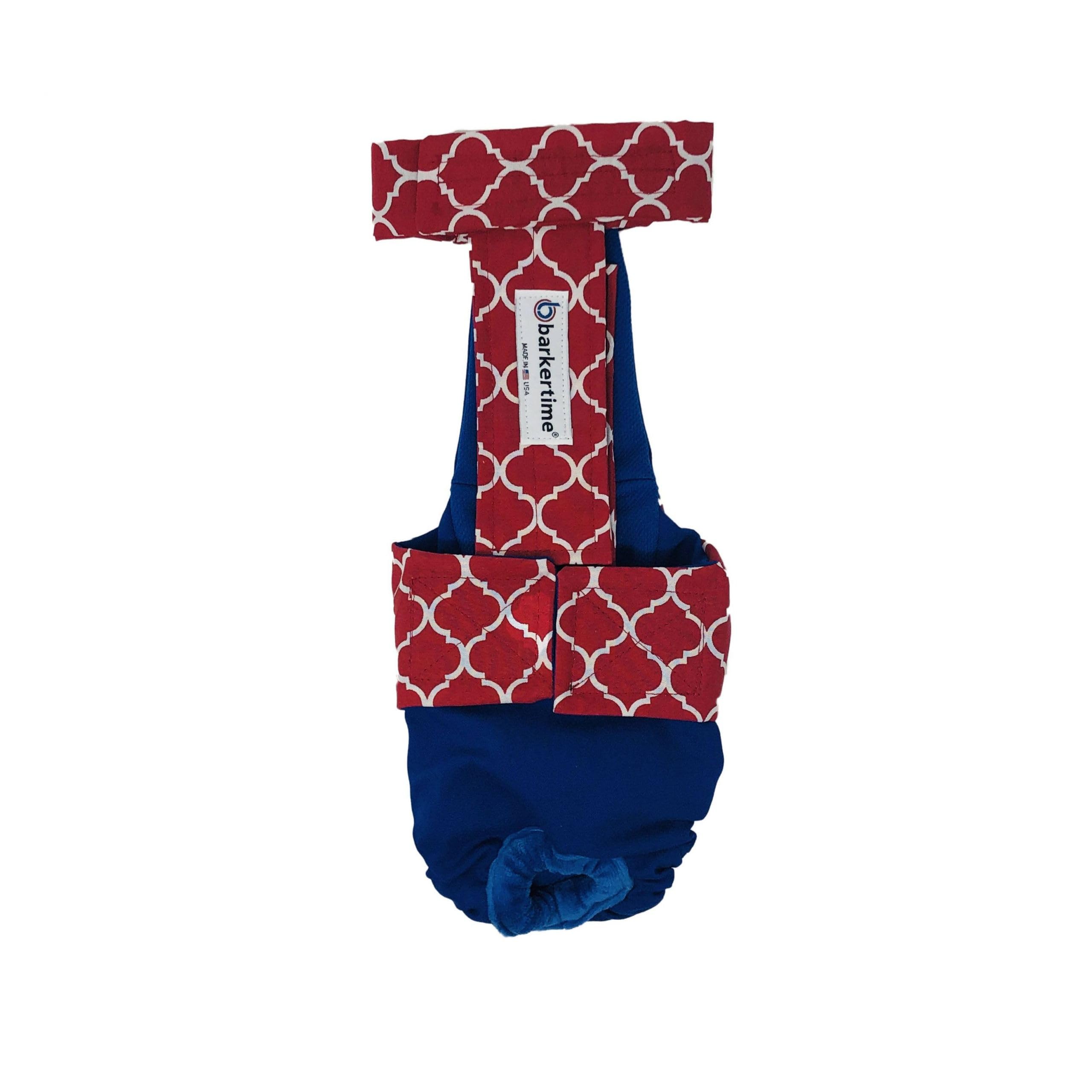 Barkertime Red Quatrefoil on Blue Dog Diaper Overall, M, Without Tail Hole - Made in USA