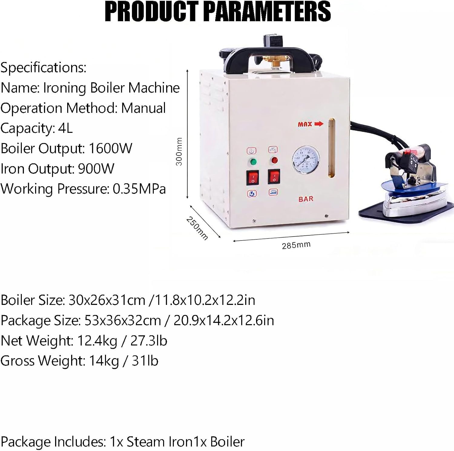 Przemysłowa stacja do prasowania parowego - elektryczne żelazko parowe o mocy 1600 W z bojlerem o mocy 900 W, parownica do ubrań o pojemności 4 l - idealna do prania i czyszczenia chemicznego